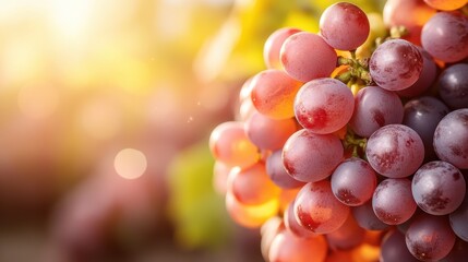 A sunlit image capturing a bunch of red and purple grapes hanging on the vine, illuminated by the warm glow of the sun, highlighting their luscious texture and fresh appearance.