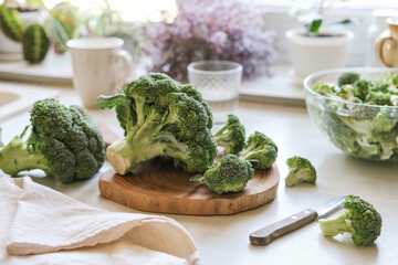 Fresh broccoli on the kitchen table