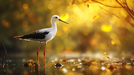Obraz premium A black-winged stilt bird stands in a shallow pond with a blurred background of golden foliage.
