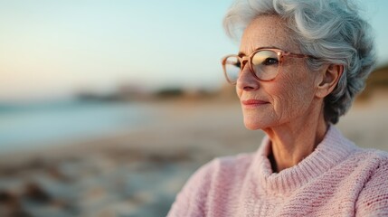 An elderly woman with grey hair and glasses is seen sitting calmly by the beach, donned in a cozy pink sweater, enjoying the serene ocean view and the soft evening light.