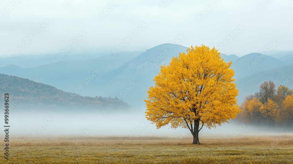 Poster single yellow tree in a field, with fog enveloping the distant mountains, creating a serene and mist