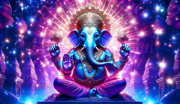 A majestic, vibrant depiction of the Hindu deity Ganesha, the remover of obstacles, engulfed in a cosmic mandala of light, symbolizing the divine dance of enlightenment and spiritual transformation.