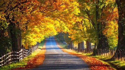 Naklejka premium Vivid country road during autumn with colorful foliage, countryside scenery, travel inspiration