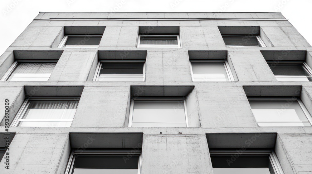 Aufkleber a monochrome view of a modern concrete building with square windows.