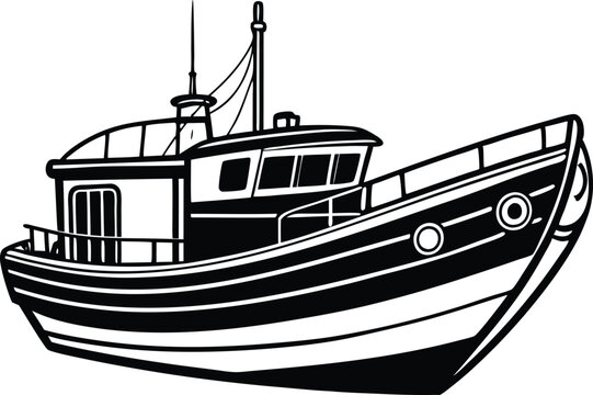 recommend clip art: Fishing boat line art silhouette vector illustration on white background.