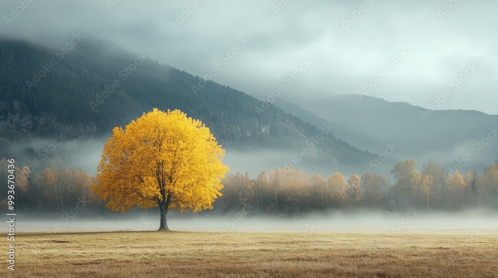 Poster single yellow tree in a field, with fog enveloping the distant mountains, creating a serene and mist