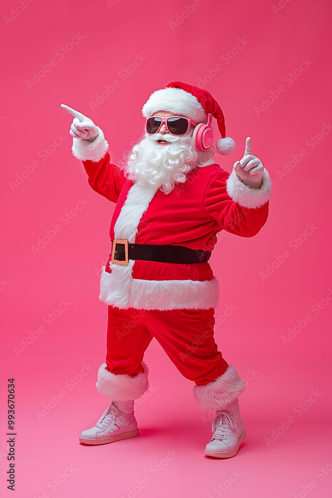 Canvas Prints A man dressed as Santa Claus wearing sunglasses and headphones