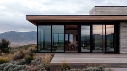 A contemporary house with large windows overlooking a vast desert landscape. The simple design...