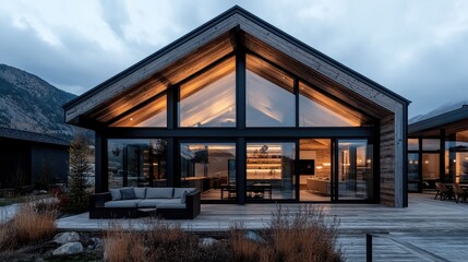 Obraz premium A modern house with expansive glass walls providing a breathtaking view of the mountains, featuring contemporary interior design and outdoor seating on the wooden deck.
