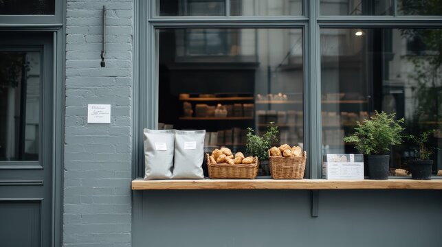 Urban coffee shop exterior with a grey facade, displaying fresh bakery items in baskets on the windowsill, inviting customers for a delightful dining experience.