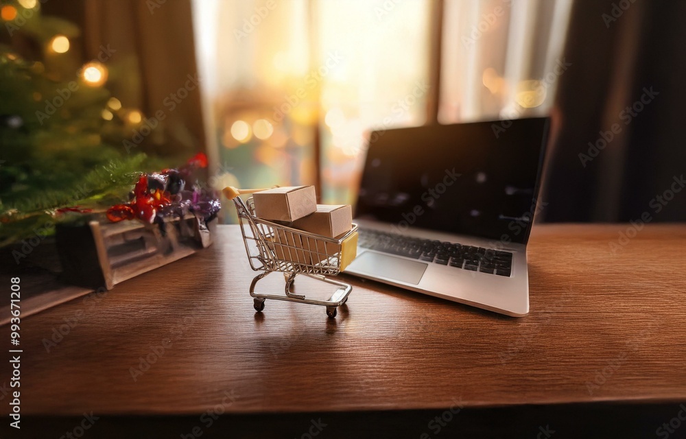 Poster A miniature shopping cart filled with small cardboard boxes sits on a wooden table in front of a laptop.