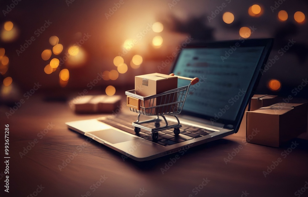 Poster a cardboard box sits in a miniature shopping cart on top of a laptop keyboard.