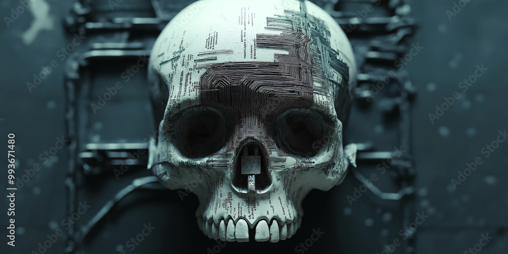 Poster minimalist skull with a lock, where the bones are made of network wires and codes.