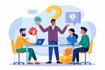 Ask questions for help or solution, confusion, doubt or query for answer and information, business discussion to solve problem concept, business people employee ask questions with question mark signs