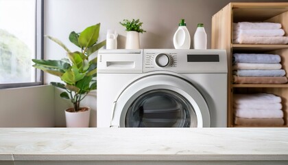 Laundry background countertop for product. Blank tabletop mockup with washing machine. Modern room interior with shelves, towels and plants. washing machine in front of a bathroom