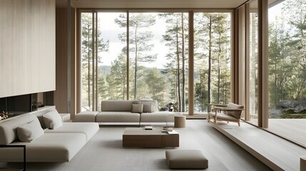 Fototapeta premium Minimalist living room with large windows overlooking a forest.