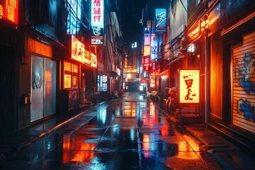 Cyberpunk Street in Tokyo at Night with Neon Signs. AI generated illustration