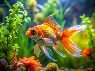 Fototapeta premium Vibrant Goldfish Swimming Gracefully in a Transparent Aquarium with Crystal Clear Water and Plants