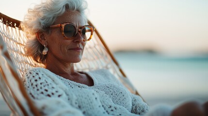An elderly person with white hair resting on a hammock, wearing glasses, in a serene outdoor setting by the sea, capturing a moment of relaxation and tranquility.