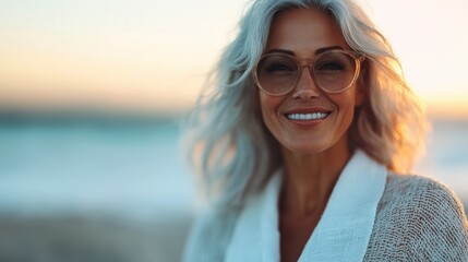 A woman with gray hair and glasses smiles joyfully at the beach during sunset, capturing the essence of contentment and serene beauty in the golden hour.