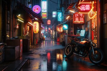Cyberpunk Street in Tokyo at Night with Neon Signs. AI generated illustration