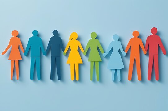 A chain of colorful paper cutouts human holding hands on a blue background