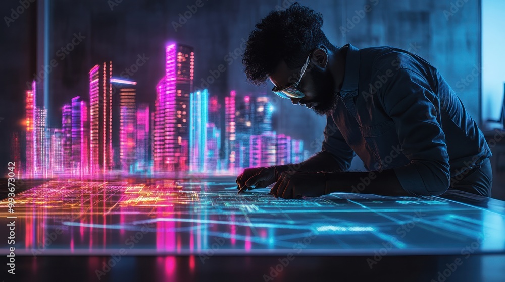 Poster a person interacts with a futuristic digital interface displaying a cityscape.