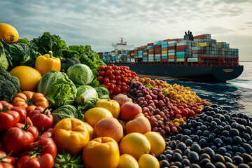 Global Fresh Food produce and cargo ship symbolize global food distribution and International trade
