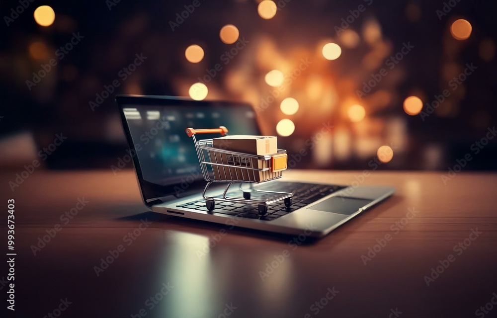 Aufkleber a miniature shopping cart filled with boxes sits on the keyboard of a laptop. warm lights are out of