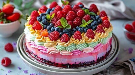 New berries are utilized as decorations for a bake raspberry layer pie rainbow cr??me a treat