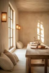 Cozy, minimalist interior design featuring a wooden table and natural light in a serene living space