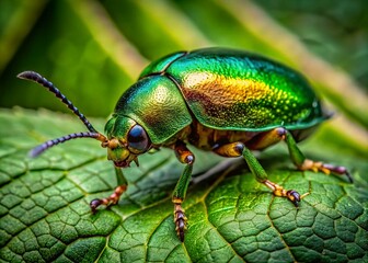 Naklejka premium Vibrant Green Beetle on Leaf Showcasing Nature's Beauty and Intricate Details in Macro Photography