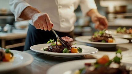Chef Preparing Fine Dining Dish in Restaurant Kitchen. AI generated illustration