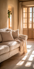 Cozy living room featuring a soft beige sofa with pillows and draped blanket in warm sunlight streaming through large windows