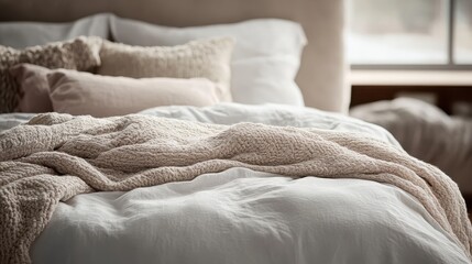 This image highlights an elegant bed with soft textures, plush pillows, and cozy blankets creating an inviting and relaxing atmosphere in a well-lit bedroom.