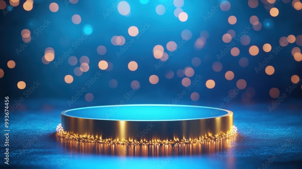 Poster a glowing circular platform surrounded by soft blue and warm bokeh lights.