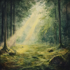 Obraz premium A serene and mystical forest scene, with rays of golden sunlight filtering through the lush green canopy