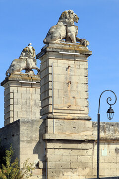 Stone lions guarding Port of Arles in Southern France