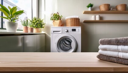 Laundry background countertop for product. Blank tabletop mockup with washing machine. Modern room interior with shelves, towels and plants. washing machine in front of a bathroom