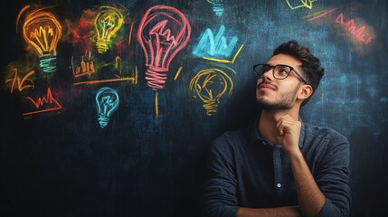 A thoughtful young man gazes at colorful light bulb drawings on a blackboard, symbolizing creativity and inspiration.