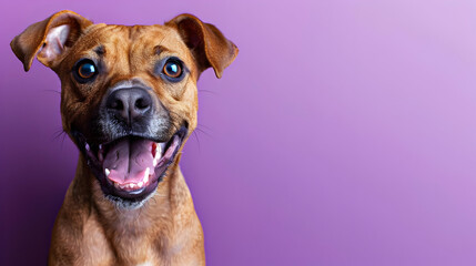 Obraz premium Happy Dog Smiles for Copy Space, Purple Background with a Friendly Face