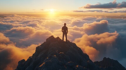Man Standing on Mountain Top at Sunrise, Feeling Success. AI generated illustration