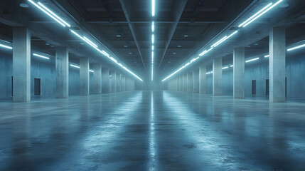 3D Illustration of Concrete Hallway with Fluorescent Lights