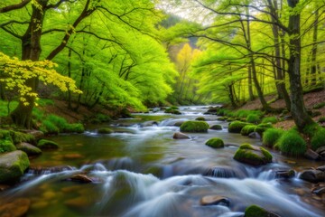 Obraz premium Tranquil forest river flowing through verdant woodland