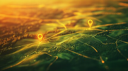 Aerial Map with Location Pins and Golden Hour Lighting. AI generated illustration