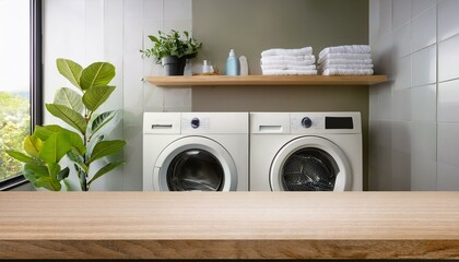 Laundry background countertop for product. Blank tabletop mockup with washing machine. Modern room interior with shelves, towels and plants. washing machine in front of a bathroom