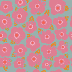 Pink flowers pattern, seamless pattern with cute flowers and leaves. Vector illustration for wrapping paper, wallpaper, fabric.