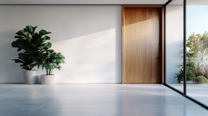 Interior space featuring a wooden door, large glass windows, and potted plants creating a blend of minimalistic design and natural elements, flooded with sunlight.