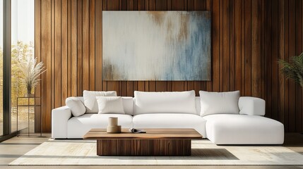 Modern Living Room with White Sofa and Abstract Art. AI generated illustration