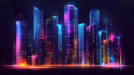Night city view with futuristic neon on dark background. Ai generated image